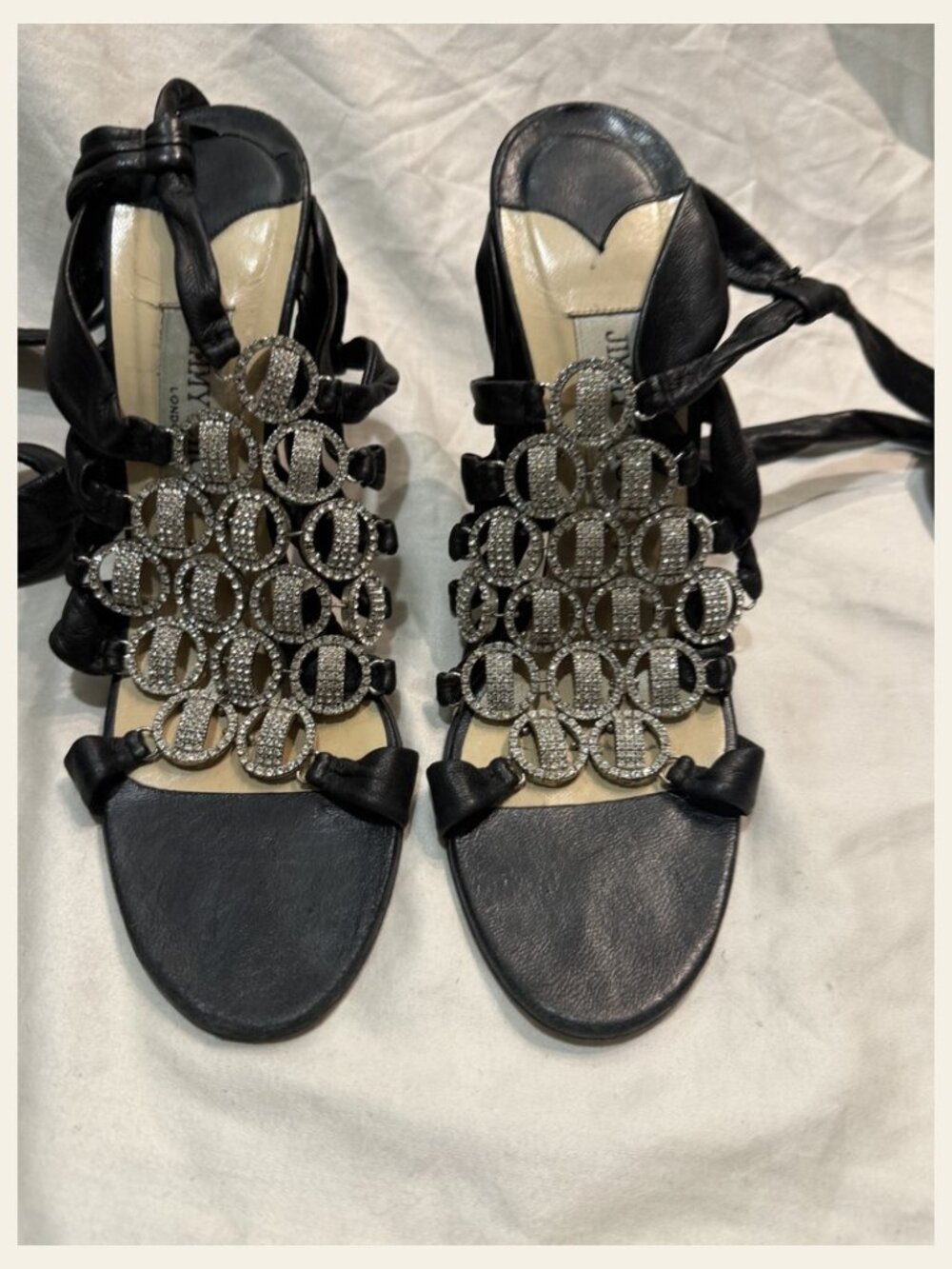 Jimmy Choo Marine Crystal Circle Vamp Ankle Wrap Sandal Black Leather EU 39